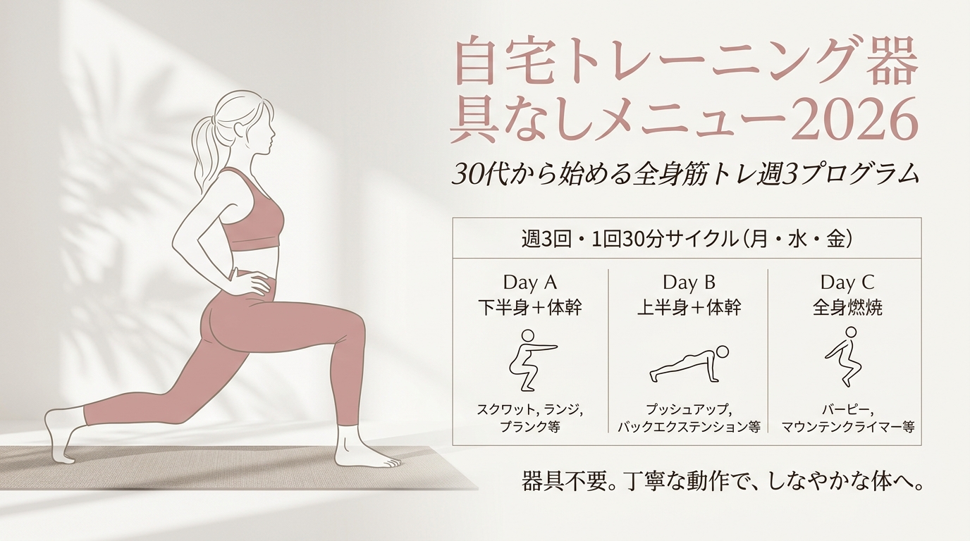 自宅トレーニング器具なしメニュー2026｜30代から始める全身筋トレ週3プログラム アイキャッチ（PC用）