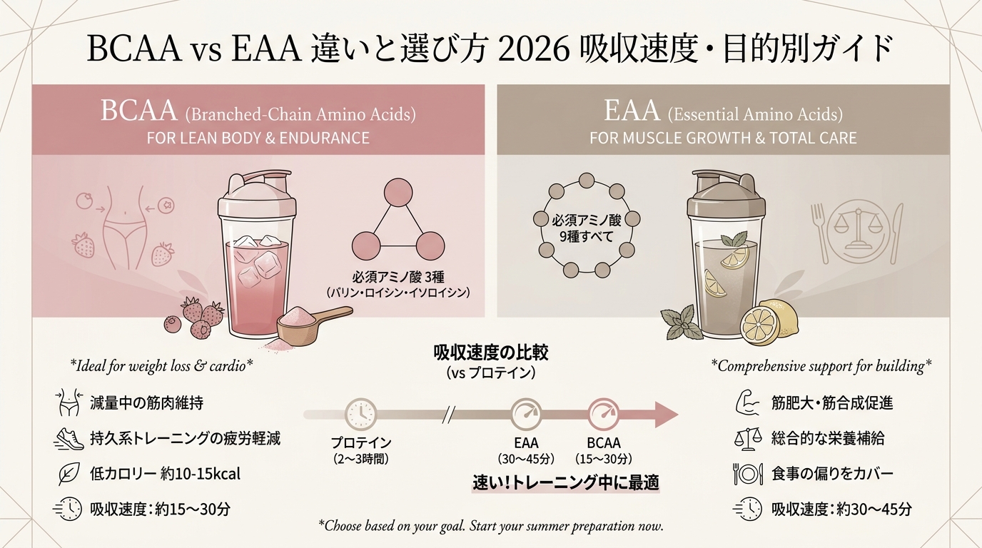 BCAA vs EAA違いと選び方2026 吸収速度・コスパ・フレーバー・飲むタイミングなど