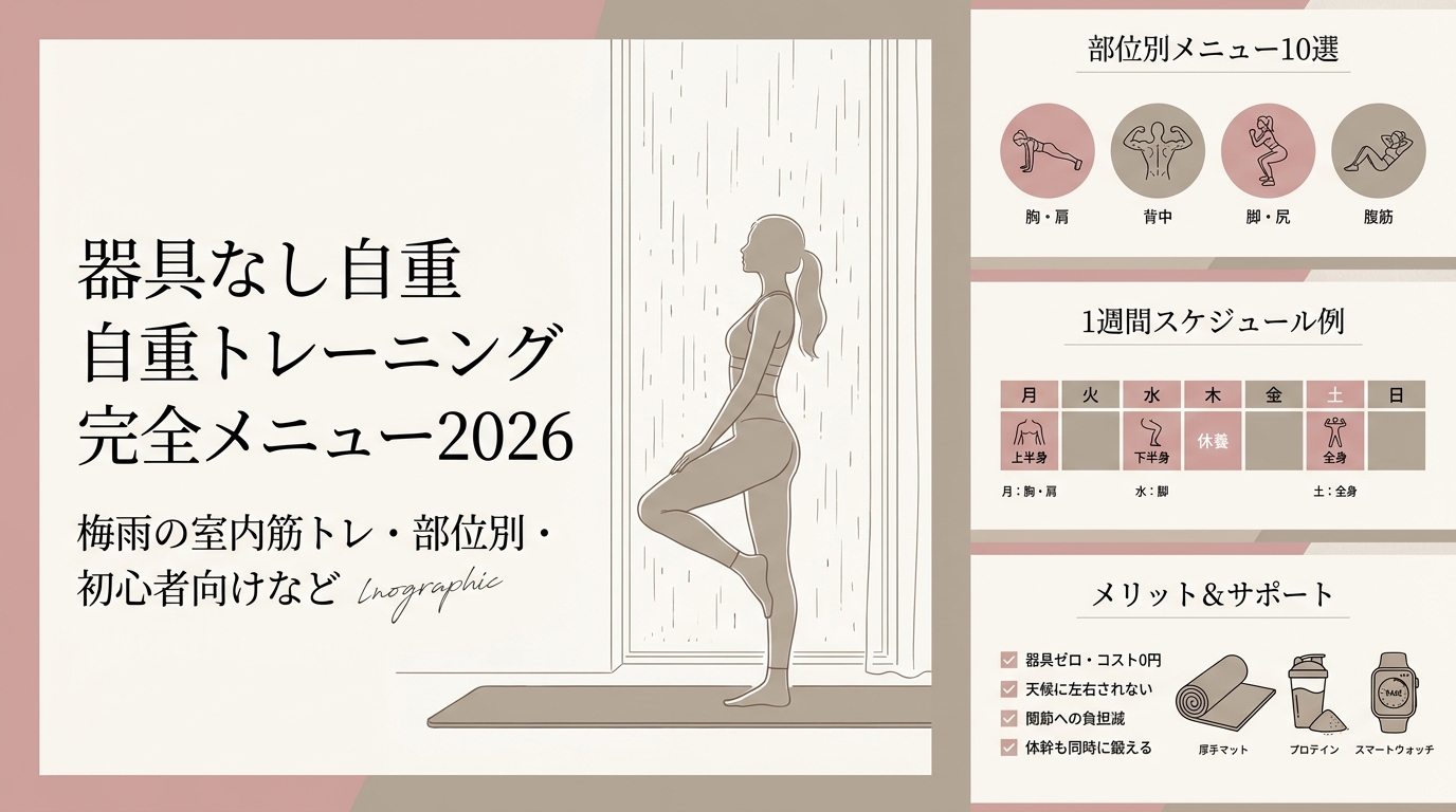器具なし自重トレーニング完全メニュー2026 梅雨の室内筋トレ・部位別・初心者向けなど アイキャッチ（PC用）
