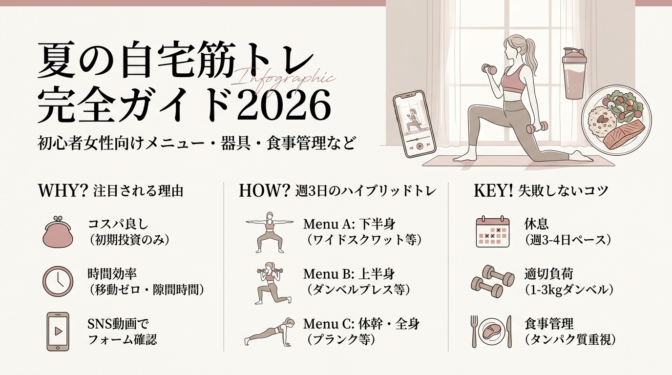 夏の自宅筋トレ完全ガイド2026 初心者女性向けメニュー・器具・食事管理など