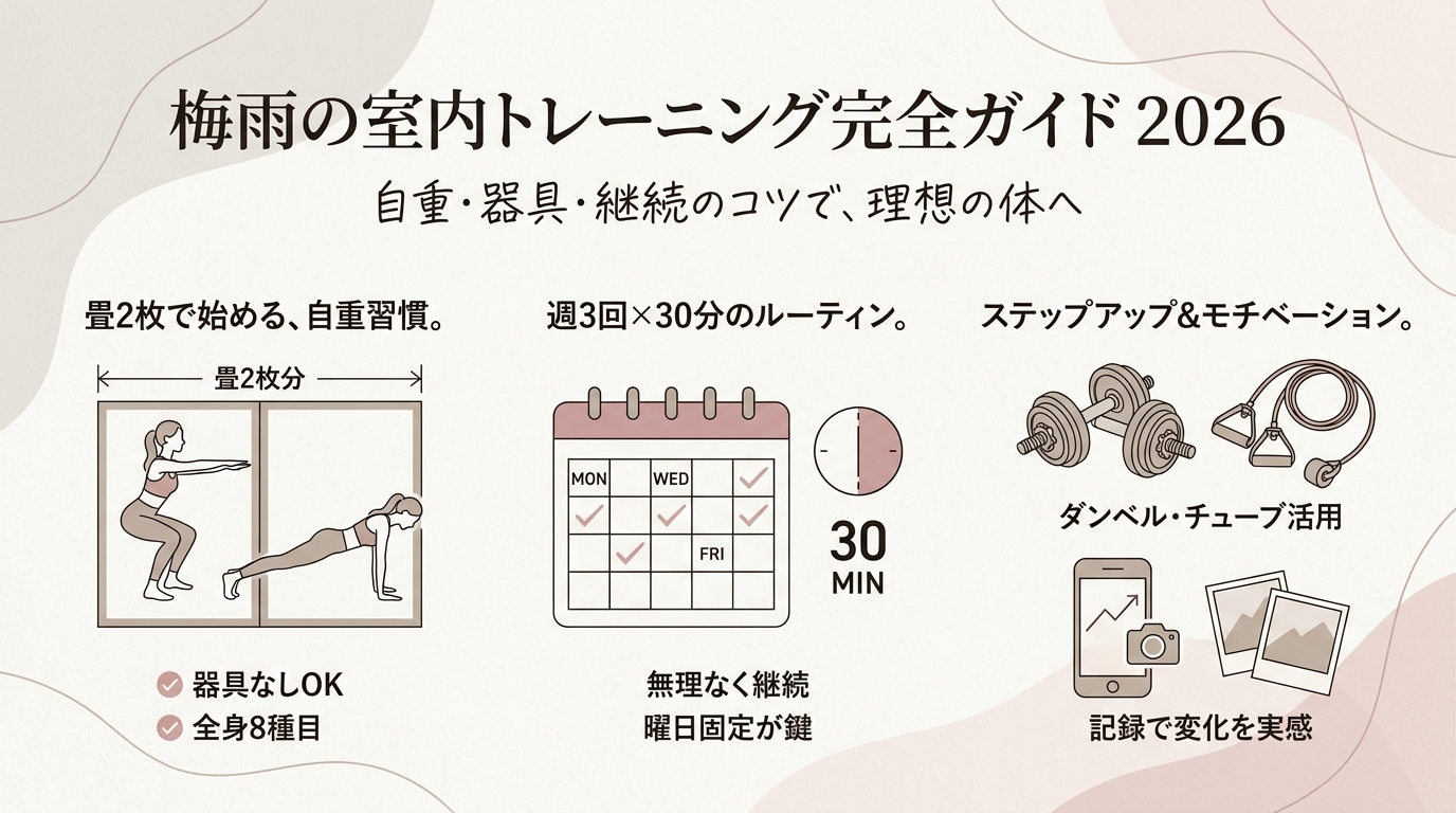 梅雨の室内トレーニング完全ガイド2026 自重メニュー・器具活用・継続のコツなど